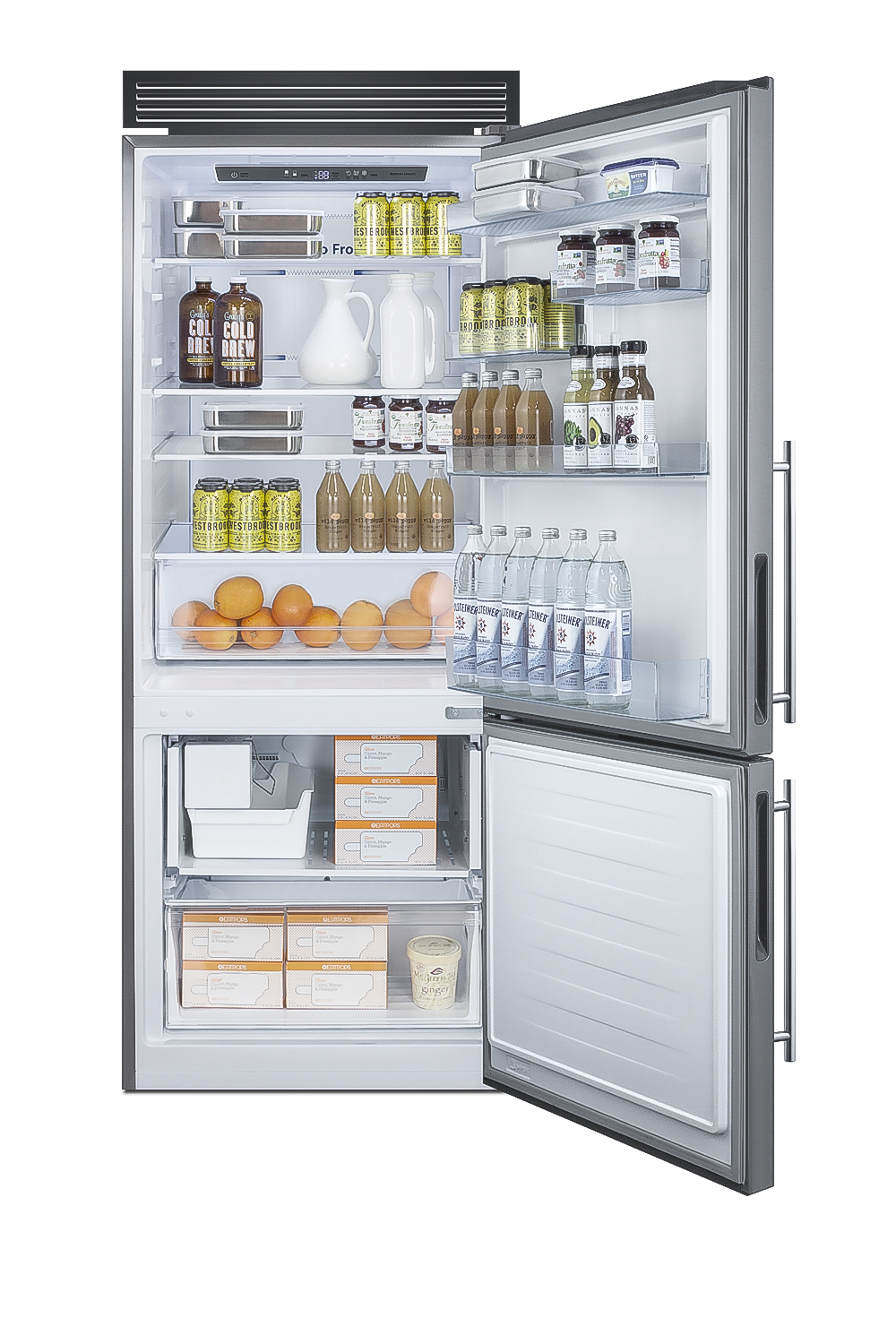 Frost-free bottom freezer refrigerator in stainless steel with factory-installed icemaker and digital controls and a counter depth fit